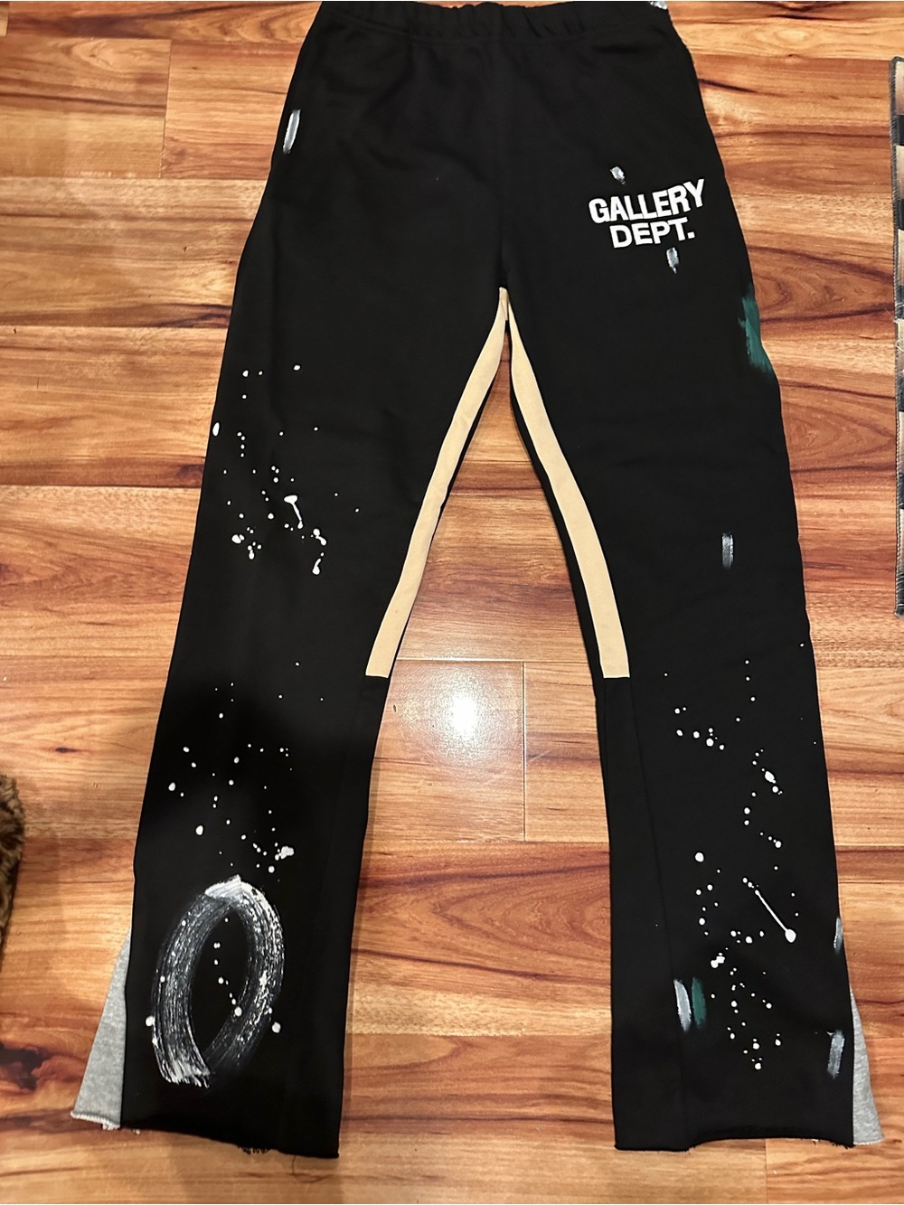 Gallery Dept Black Sweatpants with Cream Side Panels and Paint Splatter unisex